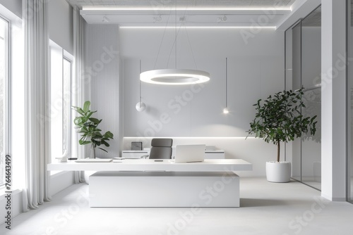 A minimalist aesthetic office featuring a white-on-white color scheme