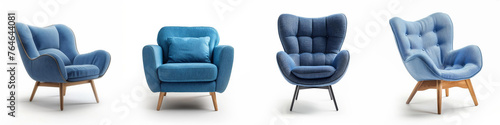 Set of four modern blue armchairs with different designs isolated on a white background, featuring space for text, perfect for furniture retail or interior design concepts