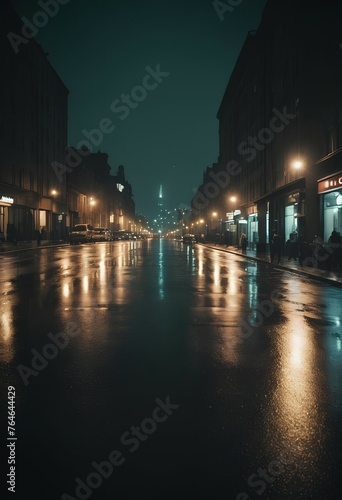 Picture, deserted city street after rain, at night