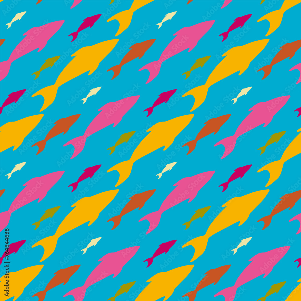 Seamless pattern in cute silhouettes of fish and starfish on light blue background. Vector image. Seamless pattern in cute silhouettes of fish and starfish on light blue background. Vector image.