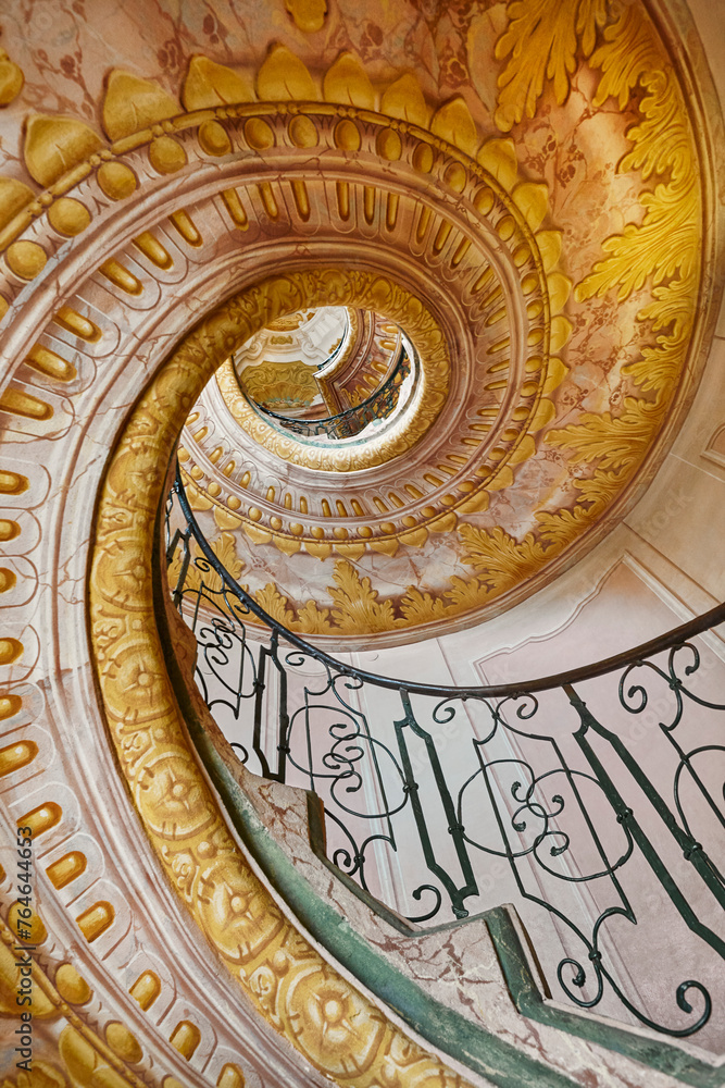 Spiral interior baroque staircase. Melk abbey. Wachau region. Austria