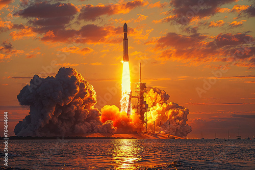 Sunset rocket launch over water. Generative AI photo