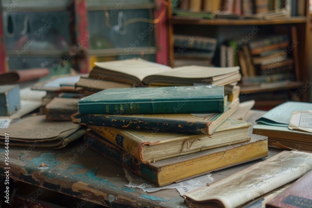 Books piled up on the table. Generate AI image Books piled up on the table. Generate AI image