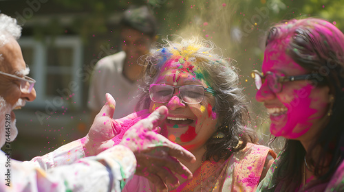 Document the tradition of applying gulal (colored powder) on friends and family during Holi, capturing the laughter and camaraderie shared between participants, using candid photography. © CanvasPixelDreams