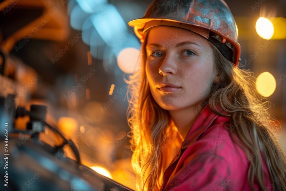 Female metallurgist in vibrant pink uniform at work in industrial environment Female metallurgist in vibrant pink uniform at work in industrial environment
