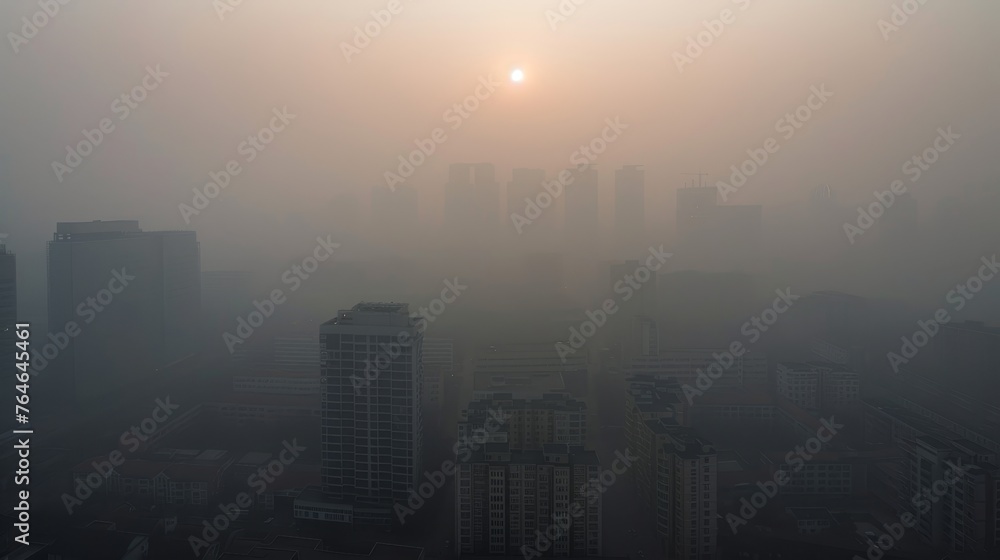 Environmental damage, air pollution, people wearing masks, the city is full of pollution
