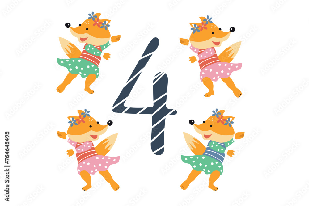 Number four and cute cartoon foxes. Counting training.