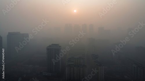 Environmental damage, air pollution, people wearing masks, the city is full of pollution © Media Srock