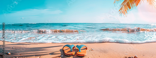 Flip-flops on a sunny tropical beach with sea waves
