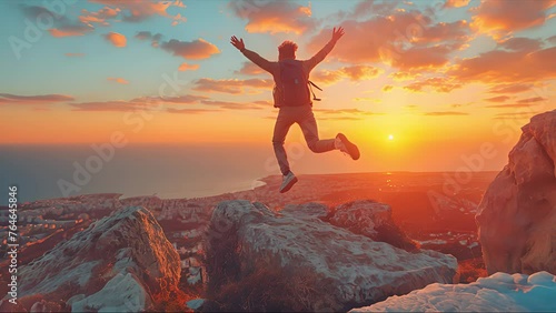 Happy man jumping for joy on the peak of the mountain. Created with generative AI. photo