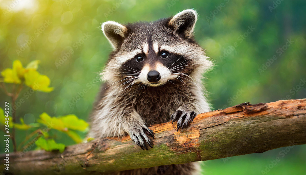 Portrait of cute raccoon on wooden branch. Green blurred backdrop. Portrait of cute raccoon on wooden branch. Green blurred backdrop.