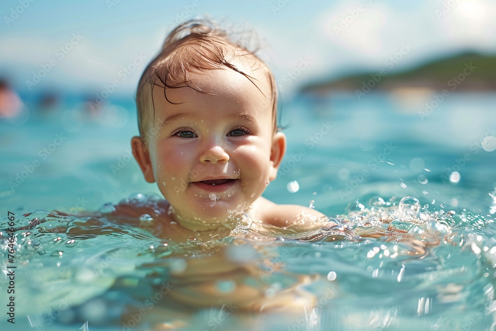 Cheerful baby swimming in the ocean summer vacation sunny Cheerful baby swimming in the ocean summer vacation sunny