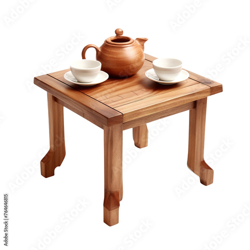 cup of tea and teapot on wooden table isolated on transparent background, clipping path, png, 