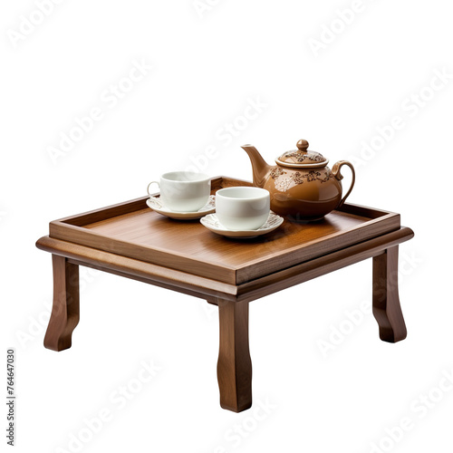 coffee cup and saucer on wooden table isolated on transparent background, clipping path, png, 