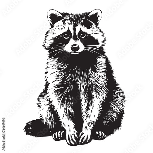 Cute hand drawing raccoon sketch. Vector monochrome illustration.