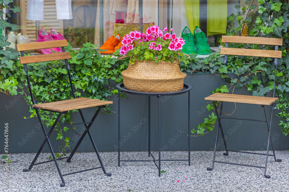 Two Chairs and Flowers Pot Decor in Front of Shop Window Two Chairs and Flowers Pot Decor in Front of Shop Window