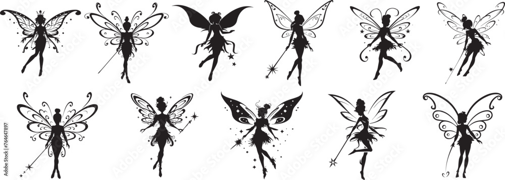 Fairy magic silhouettes set, large pack of vector silhouette on png - obrazy, fototapety, plakaty 
