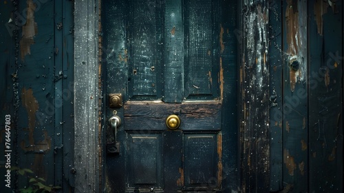 Weathered Door of a Haunted House Beckoning Unwary Visitors to Enter the Unsettling Realm Beyond photo