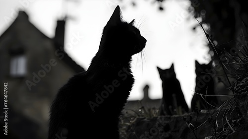 Silhouetted Feline Guardians Watching Over Abandoned Village in Mysterious Twilight