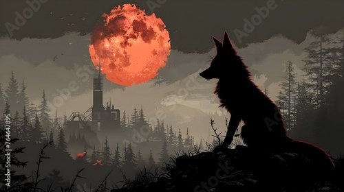 Haunting Silhouette of a Cunning Fox Amid an Eerie,Outpost-Dotted Midnight Forest Landscape