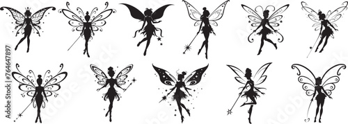 Fairy magic silhouettes set, large pack of vector silhouette on png © DELWAR