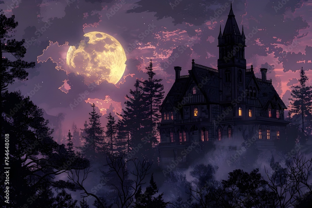 Haunting Silhouette of Mysterious Gothic Manor under Ethereal Moonlit Sky