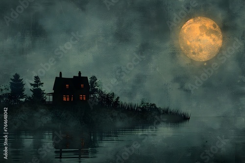 Haunting Silhouette of a Mysterious Lakeside Cottage under an Ominous Moonlit Sky