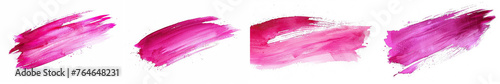 Set of four vibrant pink brush strokes on a white background, ideal for cosmetics or creative design themes with copy space
