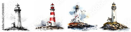 Set of four watercolor lighthouse illustrations with ample negative space for text, ideal for maritime-themed designs or nautical publications photo