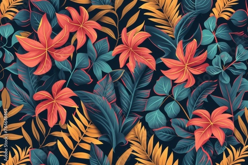 Tiled plant leaves background, floral pattern for wallpaper, modern color schema