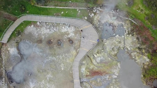 Drone aerial view of hot water springs at Caldeiras fumaroles in Furnas, Sao Miguel island, Azores, Portugal
 photo