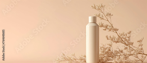 Beige natural pastel cosmetic mockup. Banner with cream jar, container, serum bottle, dry flowers and leaf. Shadows effect. Skin Care beauty concept. Showcase for product presentation. Generative ai