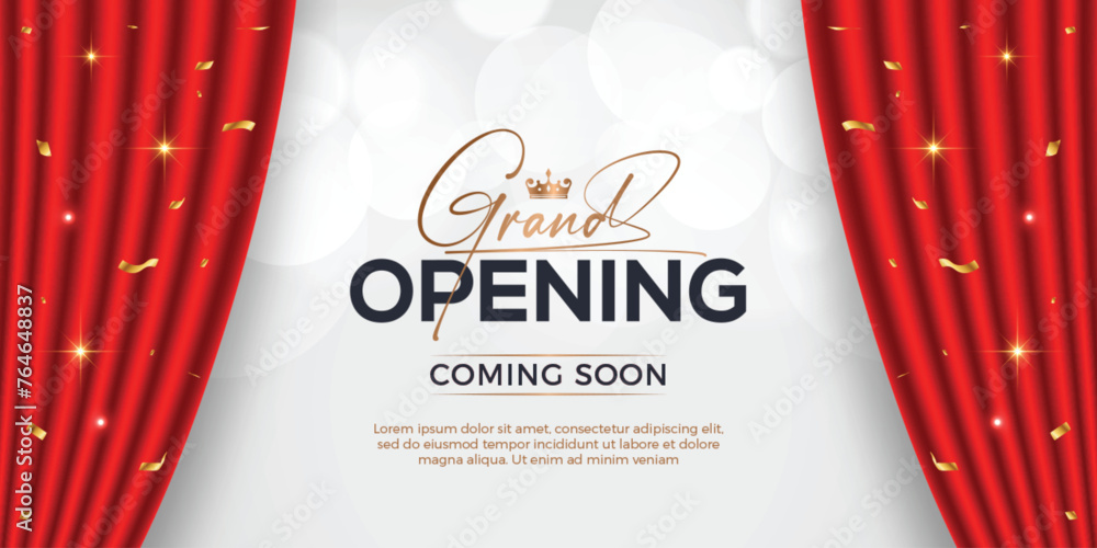 Realistic grand opening invitation banner with red curtains, golden elements and 3d editable text effect - obrazy, fototapety, plakaty 