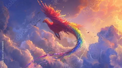 In a mystical realm beyond the clouds, a fictional cartoon animal soars through the sky on gossamer wings, its colorful plumage trailing behind like a rainbow in flight. 

 photo