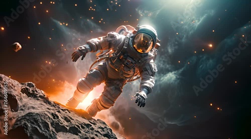 An astronaut in a detailed spacesuit floats amidst cosmic clouds and debris, with Earth's glow reflecting on the visor. photo