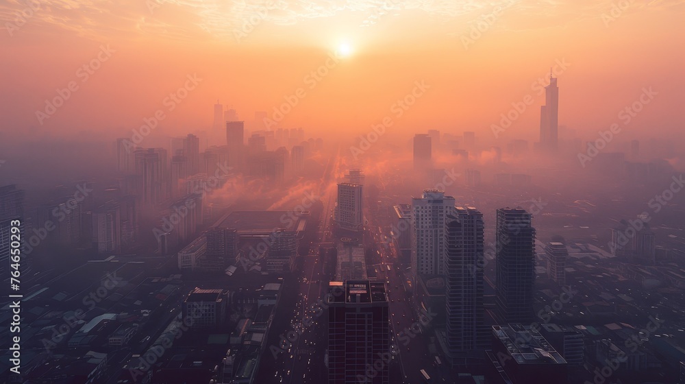 Air pollution, people wearing masks, the city is full of pollution