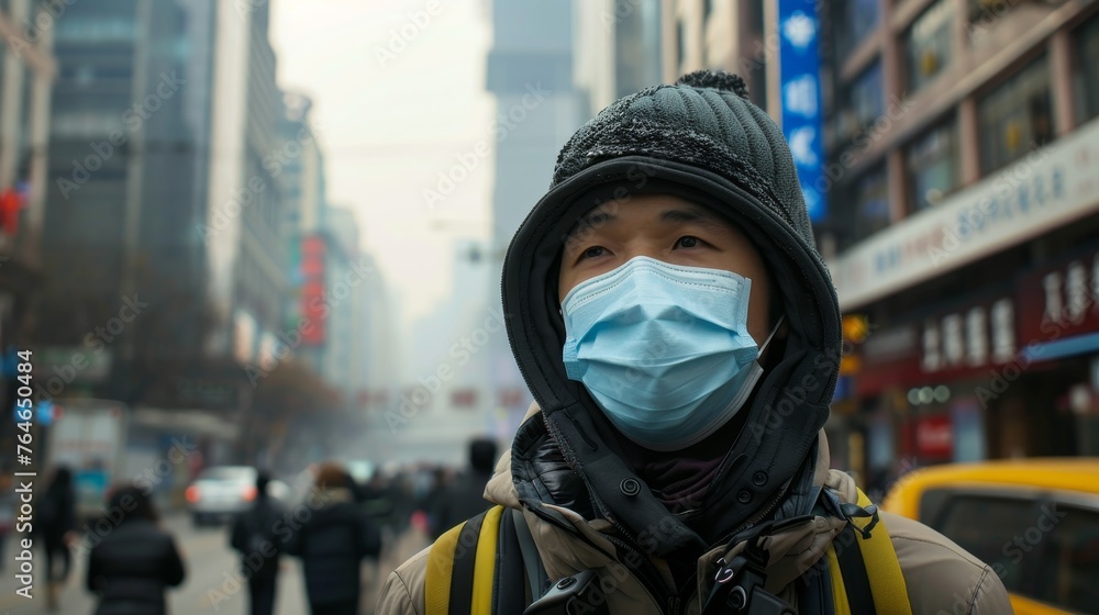 Air pollution, people wearing masks, the city is full of pollution Air pollution, people wearing masks, the city is full of pollution