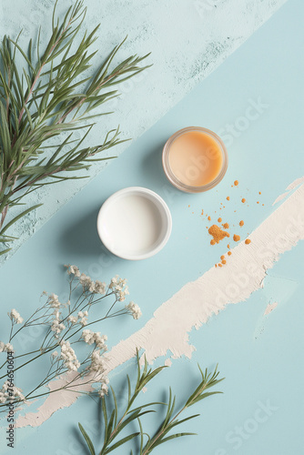 Calming spa background with rosemary branches and natural cosmetic cream in centar of frame. Modern, studio set up, minimal, vertical, flat lay. photo