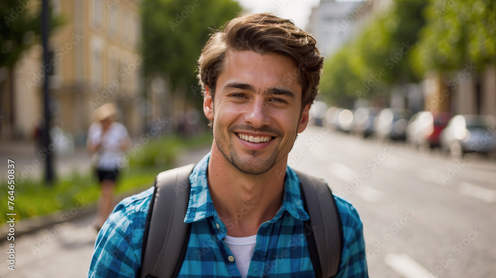 Fototapeta premium Young happy smiling man on city street