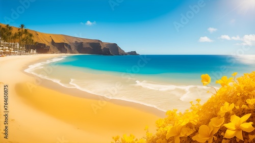 The sea and sandy beach in sunny weather on the Canary Islands  Spain  is an ideal place to relax