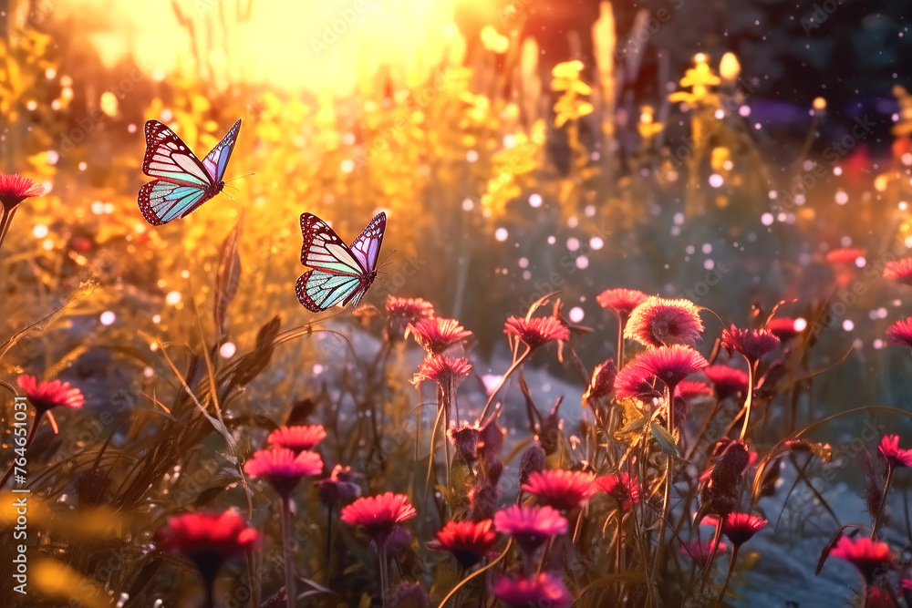 A butterfly on a meadow among wildflowers and grass at sunset A butterfly on a meadow among wildflowers and grass at sunset