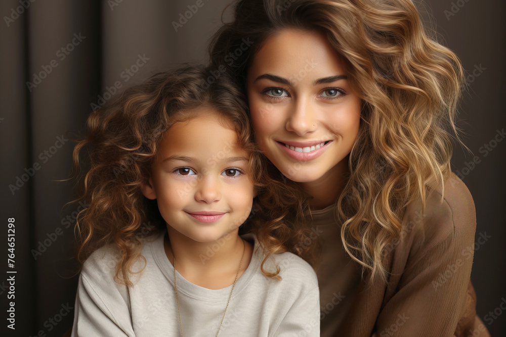Portrait of happy smiling mother with daughter on dark background Portrait of happy smiling mother with daughter on dark background
