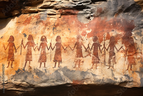 An image of ancient people holding hands on a cave wall