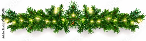 festive christmas garland of green pine branches with lights on a white background