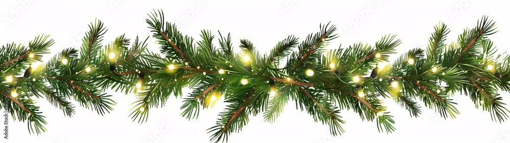 festive christmas garland of green pine branches with lights on a white background