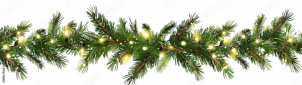 festive christmas garland of green pine branches with lights on a white background festive christmas garland of green pine branches with lights on a white background