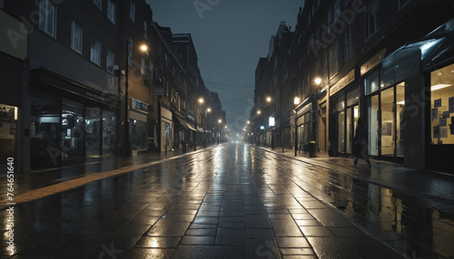 Night city life, wet sidewalks, dark buildings, illuminated street lights colorful background
