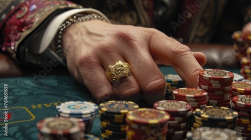 A close-up of a hand adorned with a large, ornate gold ring, reaching out to a stack of multicolored casino chips on a gaming table - AI Generated Digital Art 
