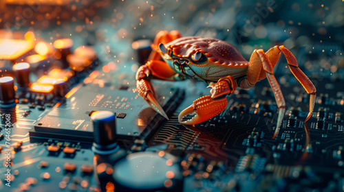 Close up of a crab crawling on a computer hardware. Virus, cyber attack, malware concept.