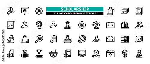 36 Scholarship Line Icons Set Pack Editable Stroke Vector Illustration.